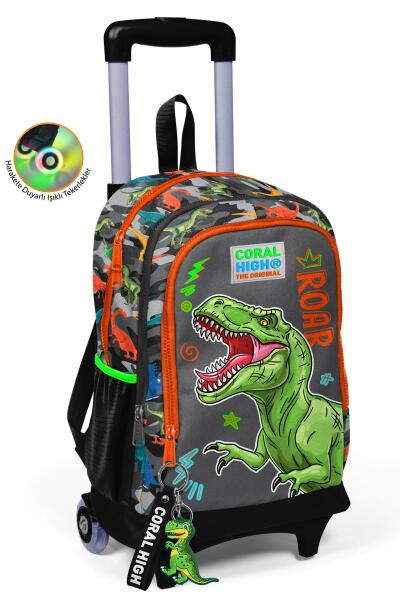 Coral High Kids Siyah Gri Dinozor Desenli Üç Bölmeli Çekçekli Okul Sırt Çantası 23944 - 1