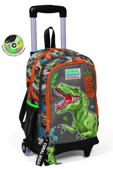 Coral High Kids Siyah Gri Dinozor Desenli Üç Bölmeli Çekçekli Okul Sırt Çantası 23944 