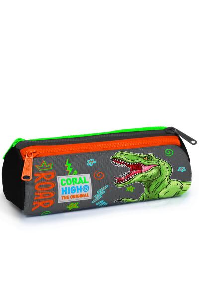 Coral High Kids Siyah Gri Dinozor Desenli Üç Bölmeli Kalem Çantası 22044 - 1
