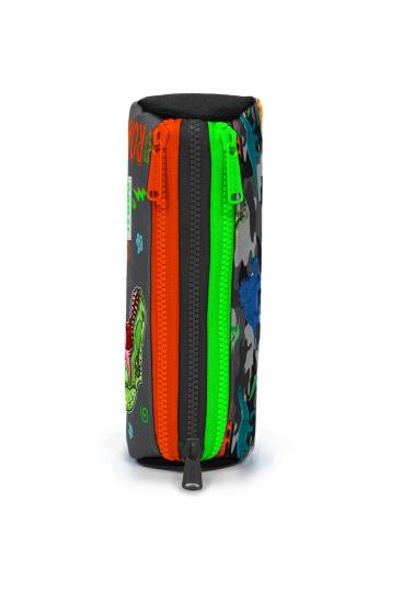 Coral High Kids Siyah Gri Dinozor Desenli Üç Bölmeli Kalem Çantası 22044 - 2