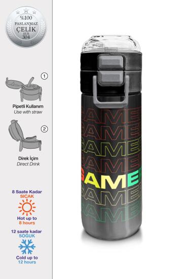 Coral High Kids Siyah Gri Gamer Desenli Pipetli ve Direkt İçim Çelik Termos 500 ml 31853 - Coral High KIDS