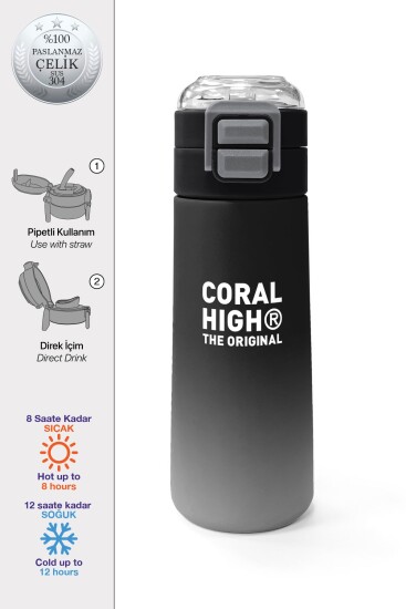 Coral High Kids Siyah Gri Gamer Desenli Pipetli ve Direkt İçim Çelik Termos 500 ml 31853 