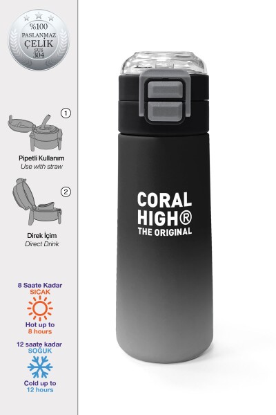 Coral High Kids Siyah Gri Gamer Desenli Pipetli ve Direkt İçim Çelik Termos 500 ml 31853 - 1
