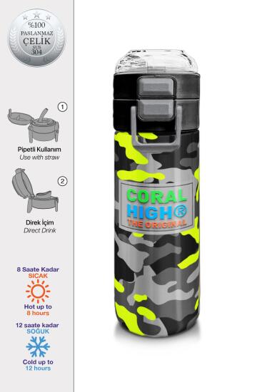 Coral High Kids Siyah Gri Kamuflaj Desenli Pipetli ve Direkt İçim Çelik Termos 500 ml 31909 - Coral High KIDS