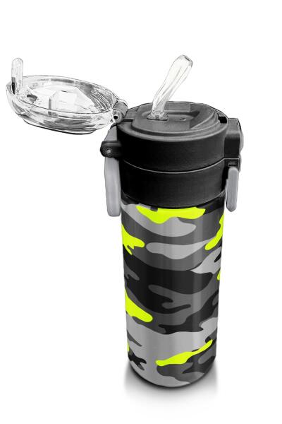 Coral High Kids Siyah Gri Kamuflaj Desenli Pipetli ve Direkt İçim Çelik Termos 500 ml 31909 - 5