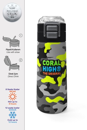 Coral High Kids Siyah Gri Kamuflaj Desenli Pipetli ve Direkt İçim Çelik Termos 500 ml 31909 
