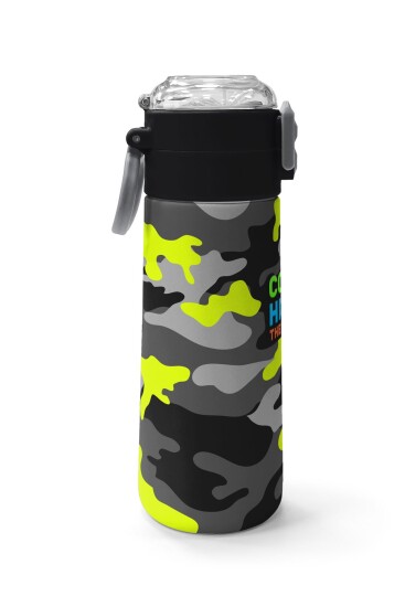 Coral High Kids Siyah Gri Kamuflaj Desenli Pipetli ve Direkt İçim Çelik Termos 500 ml 31909 - 2