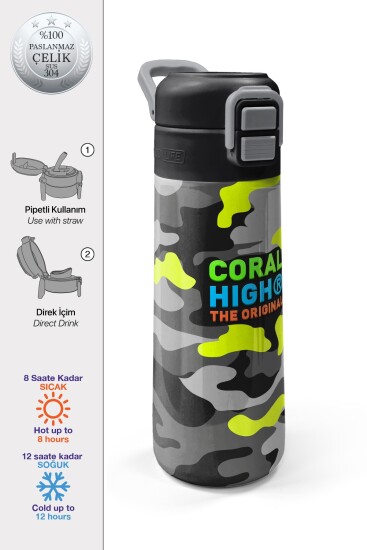 Coral High Kids Siyah Gri Kamuflaj Desenli Pipetli ve Direkt İçim Çelik Termos 500 ml 31909 