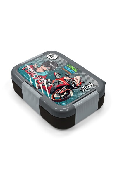 Coral High Kids Siyah Gri Nefti Anime Motorsiklet Desenli Paslanmaz Çelik Beslenme Kabı 39272 - 2