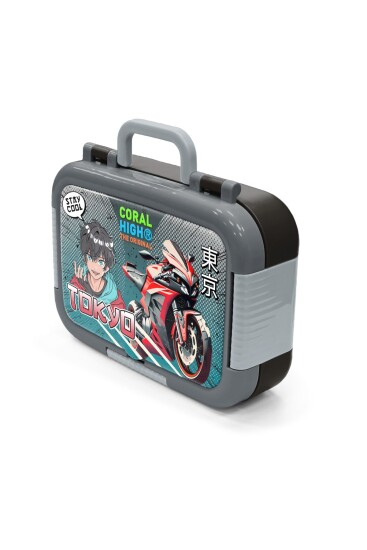Coral High Kids Siyah Gri Nefti Anime Motorsiklet Desenli Paslanmaz Çelik Beslenme Kabı 39272 - 4