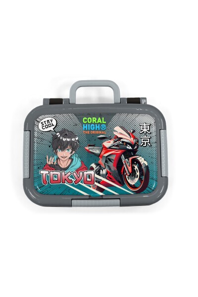 Coral High Kids Siyah Gri Nefti Anime Motorsiklet Desenli Paslanmaz Çelik Beslenme Kabı 39272 - 5