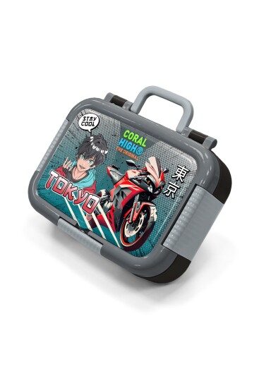 Coral High Kids Siyah Gri Nefti Anime Motorsiklet Desenli Paslanmaz Çelik Beslenme Kabı 39272 