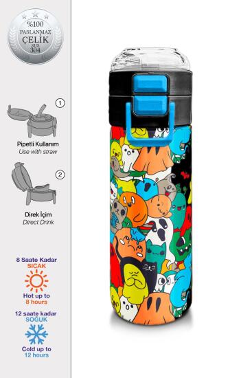 Coral High Kids Siyah Karikatür Çizgili Desenli Pipetli ve Direkt İçim Çelik Termos 500 ml 31990 - Coral High KIDS
