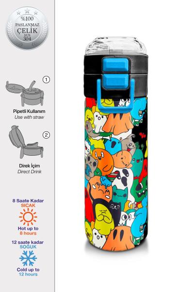 Coral High Kids Siyah Karikatür Çizgili Desenli Pipetli ve Direkt İçim Çelik Termos 500 ml 31990 - 1