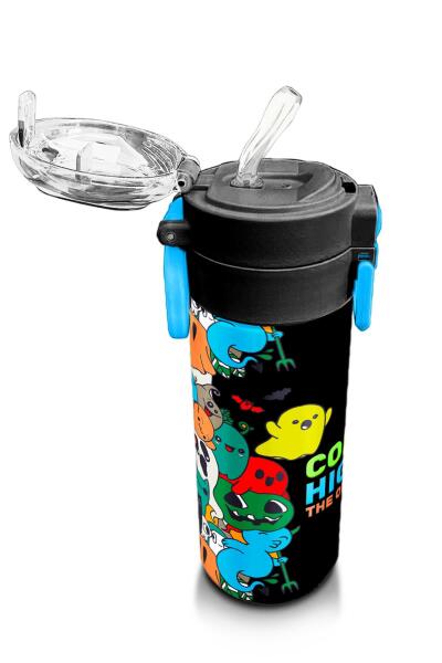 Coral High Kids Siyah Karikatür Çizgili Desenli Pipetli ve Direkt İçim Çelik Termos 500 ml 31990 - 5