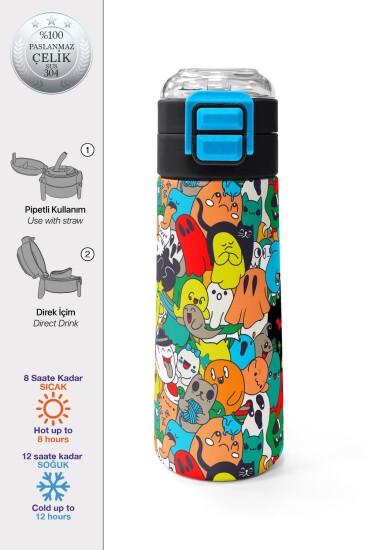 Coral High Kids Siyah Karikatür Çizgili Desenli Pipetli ve Direkt İçim Çelik Termos 500 ml 31990 - CORAL HIGH KIDS