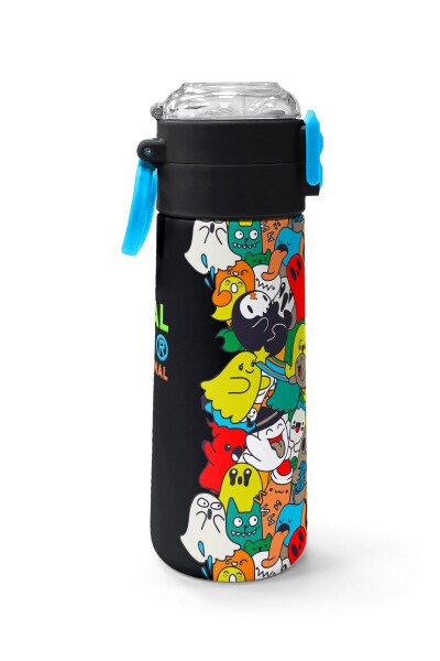 Coral High Kids Siyah Karikatür Çizgili Desenli Pipetli ve Direkt İçim Çelik Termos 500 ml 31990 - 3