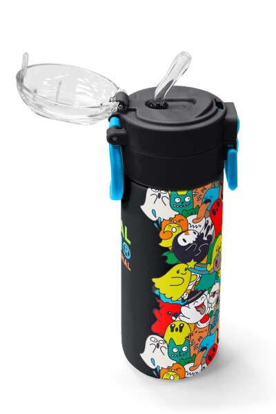 Coral High Kids Siyah Karikatür Çizgili Desenli Pipetli ve Direkt İçim Çelik Termos 500 ml 31990 - 6