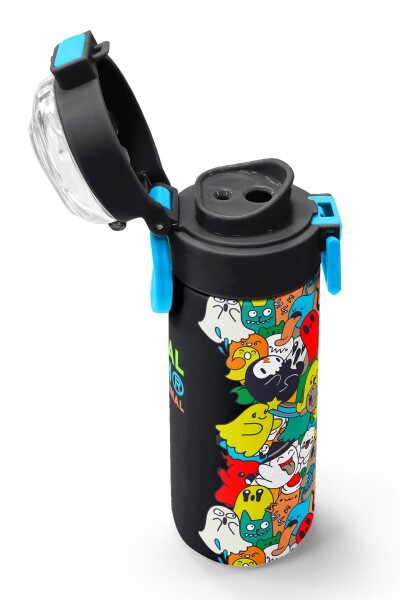 Coral High Kids Siyah Karikatür Çizgili Desenli Pipetli ve Direkt İçim Çelik Termos 500 ml 31990 - 7