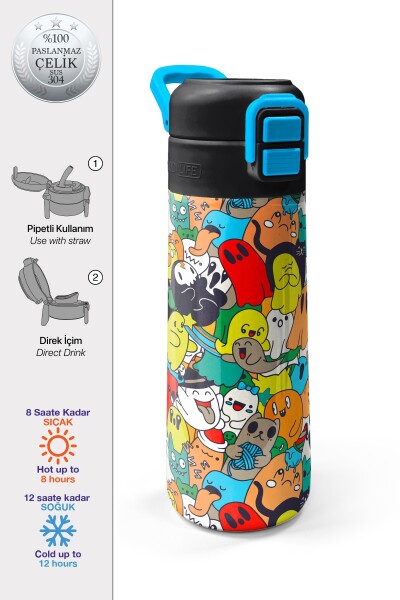 Coral High Kids Siyah Karikatür Çizgili Desenli Pipetli ve Direkt İçim Çelik Termos 500 ml 31990 - 1