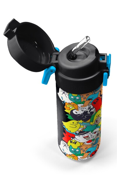 Coral High Kids Siyah Karikatür Çizgili Desenli Pipetli ve Direkt İçim Çelik Termos 500 ml 31990 - 3