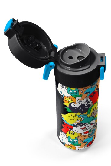 Coral High Kids Siyah Karikatür Çizgili Desenli Pipetli ve Direkt İçim Çelik Termos 500 ml 31990 - 4