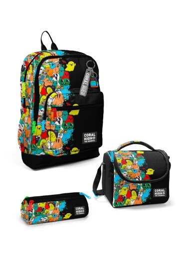 Coral High Kids Siyah Karikatür Desenli 3’lü Okul Çanta Seti SET0123774 - Coral High