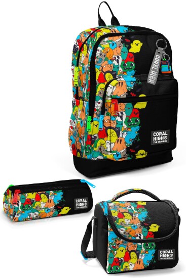 Coral High Kids Siyah Karikatür Desenli 3’lü Okul Çanta Seti SET0123774 - CORAL HIGH