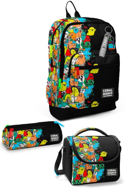 Coral High Kids Siyah Karikatür Desenli 3’lü Okul Çanta Seti SET0123774 - 1
