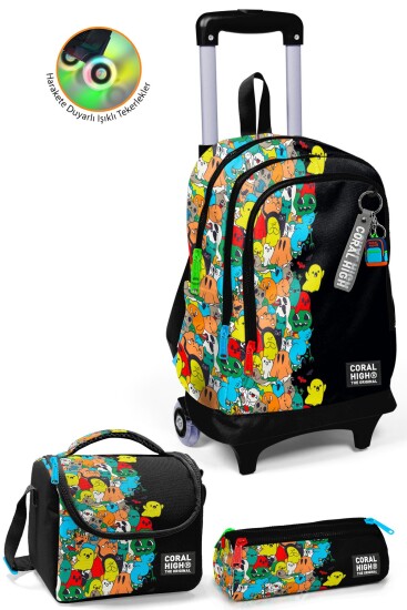 Coral High Kids Siyah Karikatür Desenli 3’lü Okul Çanta Seti SET0123974 - CORAL HIGH