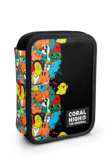 Coral High Kids Siyah Karikatür Desenli Çift Katlı Kalem Çanta 11150 - Coral High