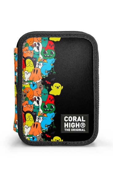 Coral High Kids Siyah Karikatür Desenli Çift Katlı Kalem Çanta 11150 - 2