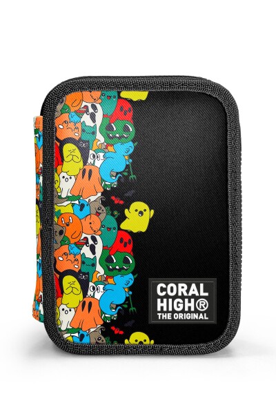 Coral High Kids Siyah Karikatür Desenli Çift Katlı Kalem Çanta 11150 - 2