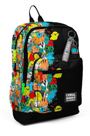 Coral High Kids Siyah Karikatür Desenli Dört Bölmeli Okul Sırt Çantası 23774 