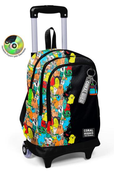 Coral High Kids Siyah Karikatür Desenli Üç Bölmeli Çekçekli Okul Sırt Çantası 23974 