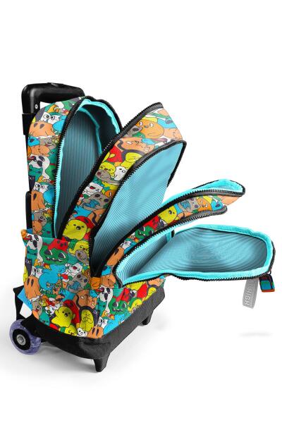 Coral High Kids Siyah Karikatür Desenli Üç Bölmeli Çekçekli Okul Sırt Çantası 23974 - 3