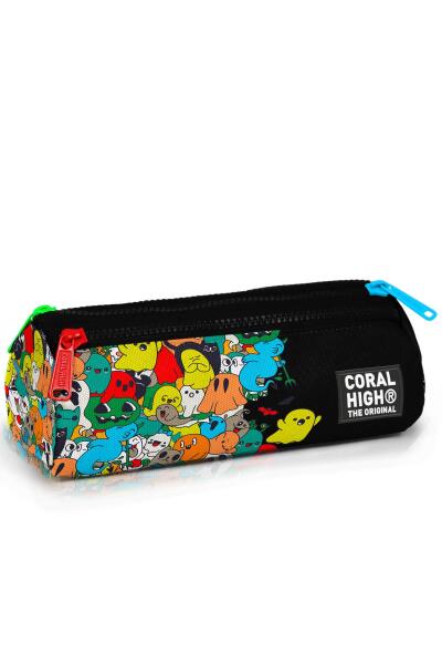 Coral High Kids Siyah Karikatür Desenli Üç Bölmeli Kalem Çantası 22090 - 1