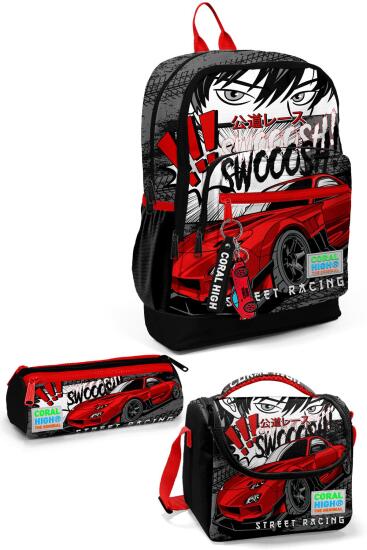 Coral High Kids Siyah Kırmızı Anime Araba Desenli 3’lü Okul Çanta Seti SET0123747 