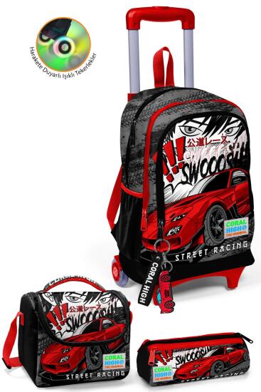 Coral High Kids Siyah Kırmızı Anime Araba Desenli Çekçekli 3'lü Çanta Seti SET0123947 