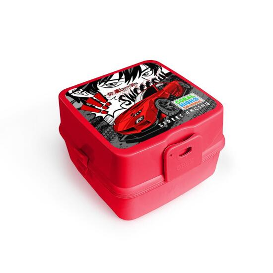 Coral High Kids Siyah Kırmızı Anime Araba Desenli Dört Bölmeli Çatal ve Kaşıklı Beslenme Kabı 32917 