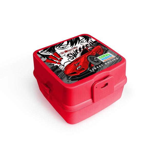 Coral High Kids Siyah Kırmızı Anime Araba Desenli Dört Bölmeli Çatal ve Kaşıklı Beslenme Kabı 32917 - 1