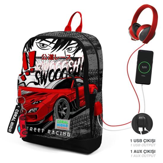 Coral High Kids Siyah Kırmızı Anime Araba Desenli Dört Bölmeli USB'li Okul Sırt Çantası 23847 