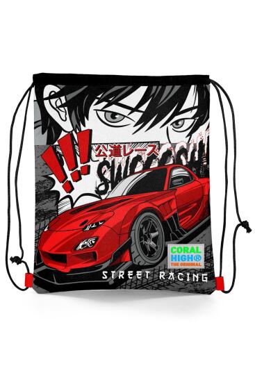 Coral High Kids Siyah Kırmızı Anime Araba Desenli İpli Büzgülü Sırt Çantası 22447 