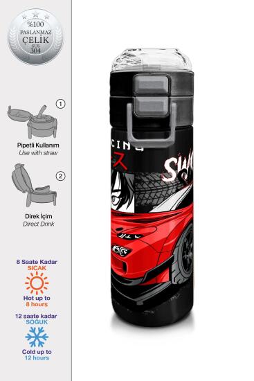 Coral High Kids Siyah Kırmızı Anime Araba Desenli Pipetli ve Direkt İçim Çelik Termos 500 ml 31948 - Coral High KIDS