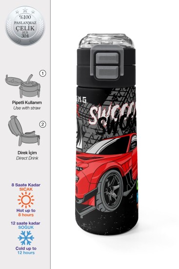 Coral High Kids Siyah Kırmızı Anime Araba Desenli Pipetli ve Direkt İçim Çelik Termos 500 ml 31948 - Coral High KIDS