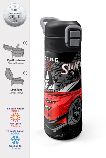 Coral High Kids Siyah Kırmızı Anime Araba Desenli Pipetli ve Direkt İçim Çelik Termos 500 ml 31948 