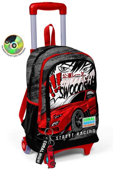 Coral High Kids Siyah Kırmızı Anime Araba Desenli Üç Bölmeli Çekçekli Okul Sırt Çantası 23947 