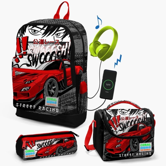 Coral High Kids Siyah Kırmızı Anime Araba Desenli USB'li 3’lü Okul Çanta Seti SET0123847 