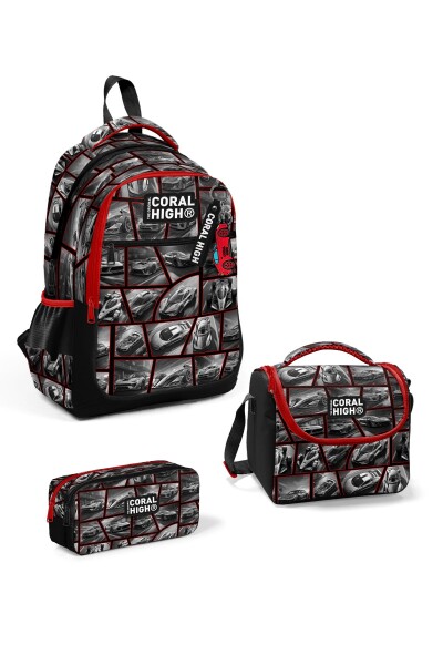 Coral High Kids Siyah Kırmızı Araba Desenli 3’lü Okul Çanta Seti SET0114429 - 1