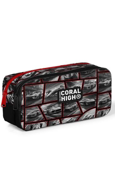 Coral High Kids Siyah Kırmızı Araba Desenli İki Bölmeli Kalem Çantası 12120 - Coral High KIDS